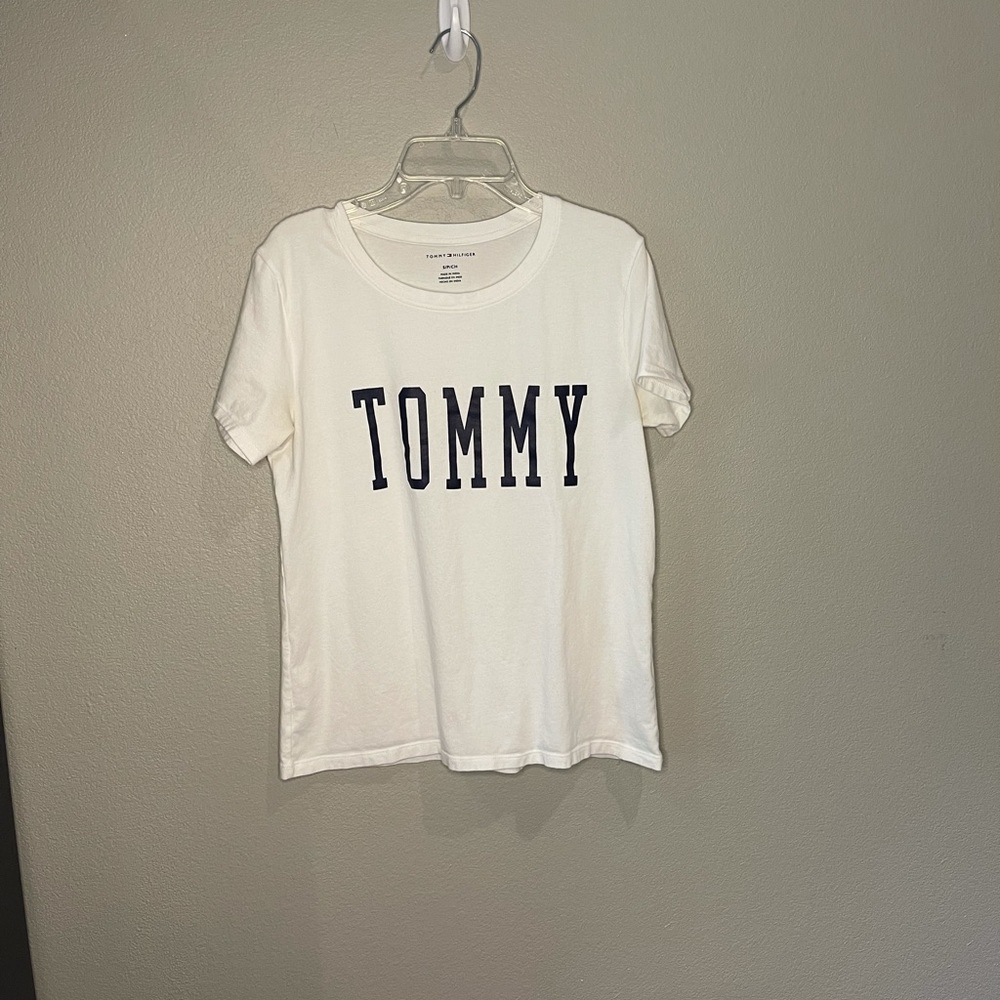 Tommy Hilfiger Tee Size Small White with Navy Blue Letters